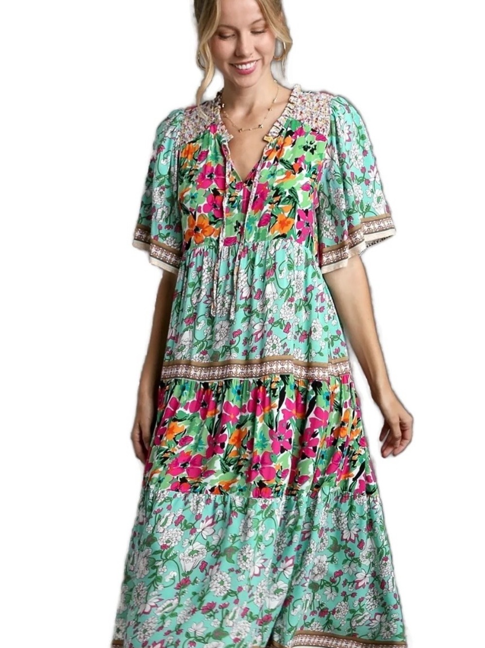 Umgee Mint Floral Tiered Maxi Dress with Pink & Orange Blooms